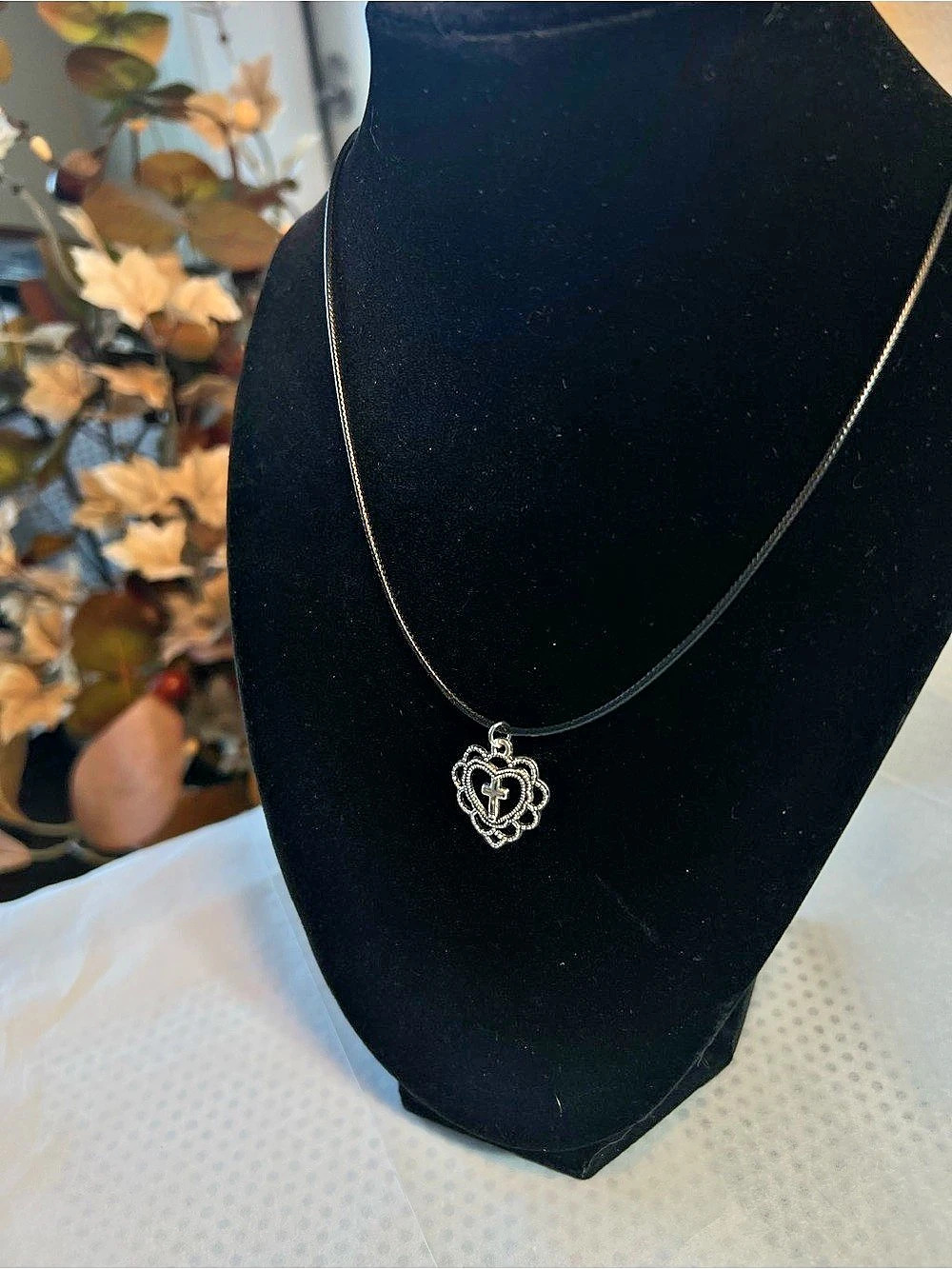 Black & Silver Heart Cross Pendant Necklace Christian Catholic Religious